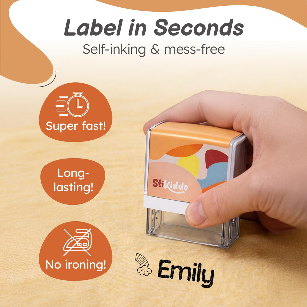StiKiddo® Personalized Name Stamp for Clothing Kids Waterproof, Custom Name Stamp for Clothes, Paper & School Supplies, Customizable Fabric Stamp with Permanent & Waterproof Ink
