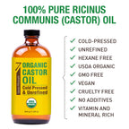Seven Minerals USDA Organic Castor Oil - Big 16 oz Glass Bottle with Pump - 100% Pure Cold Pressed Unrefined Hexane Free - for Hair Growth, Eyelashes, Eyebrows, Skin, Cuticles & Caster Oil Packs