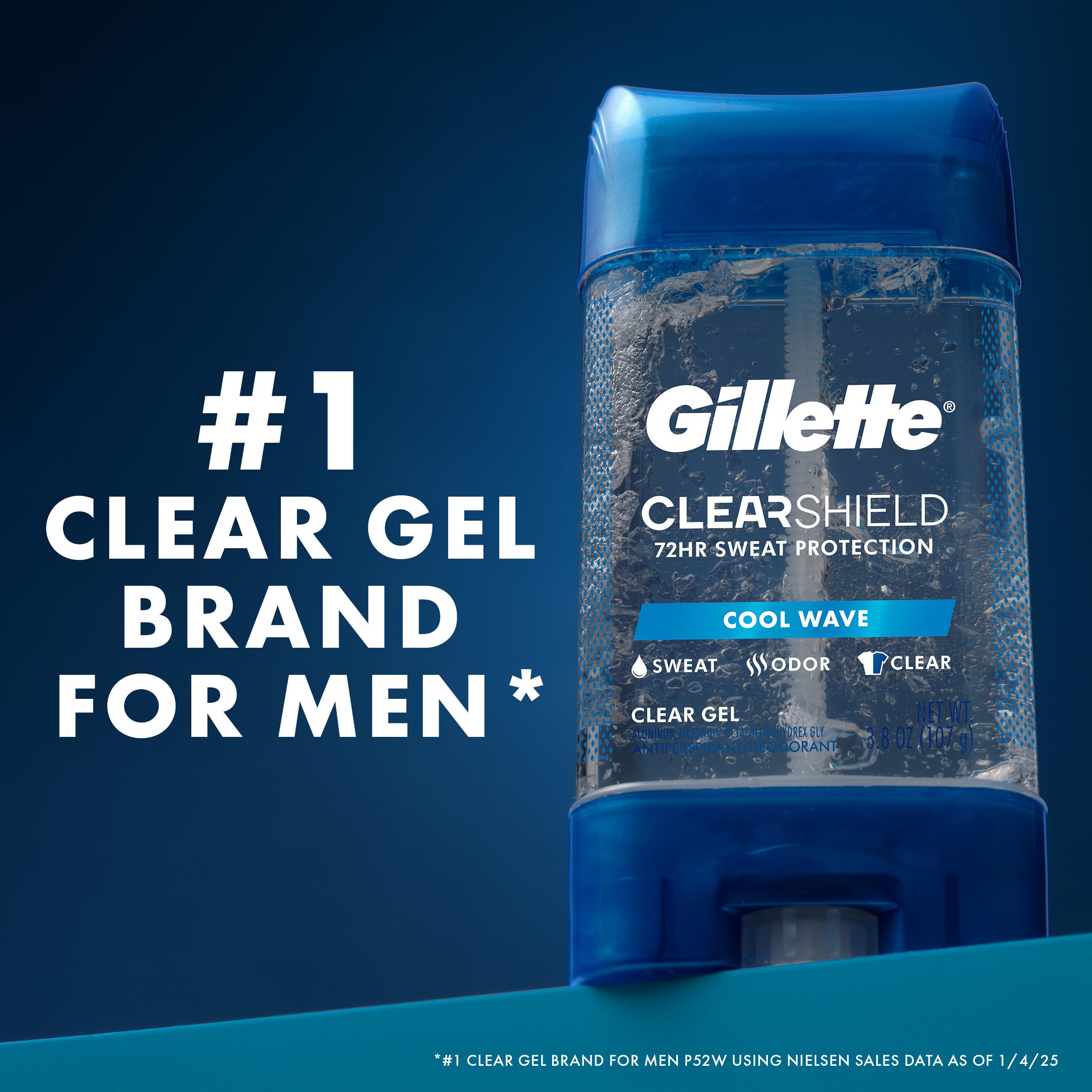 Gillette Antiperspirant and Deodorant for Men, 72hr Sweat & Odor Protection, Long Lasting Freshness, Anti-White Mark Technology, Clear Gel, Cool Wave Scent, 0.5 oz