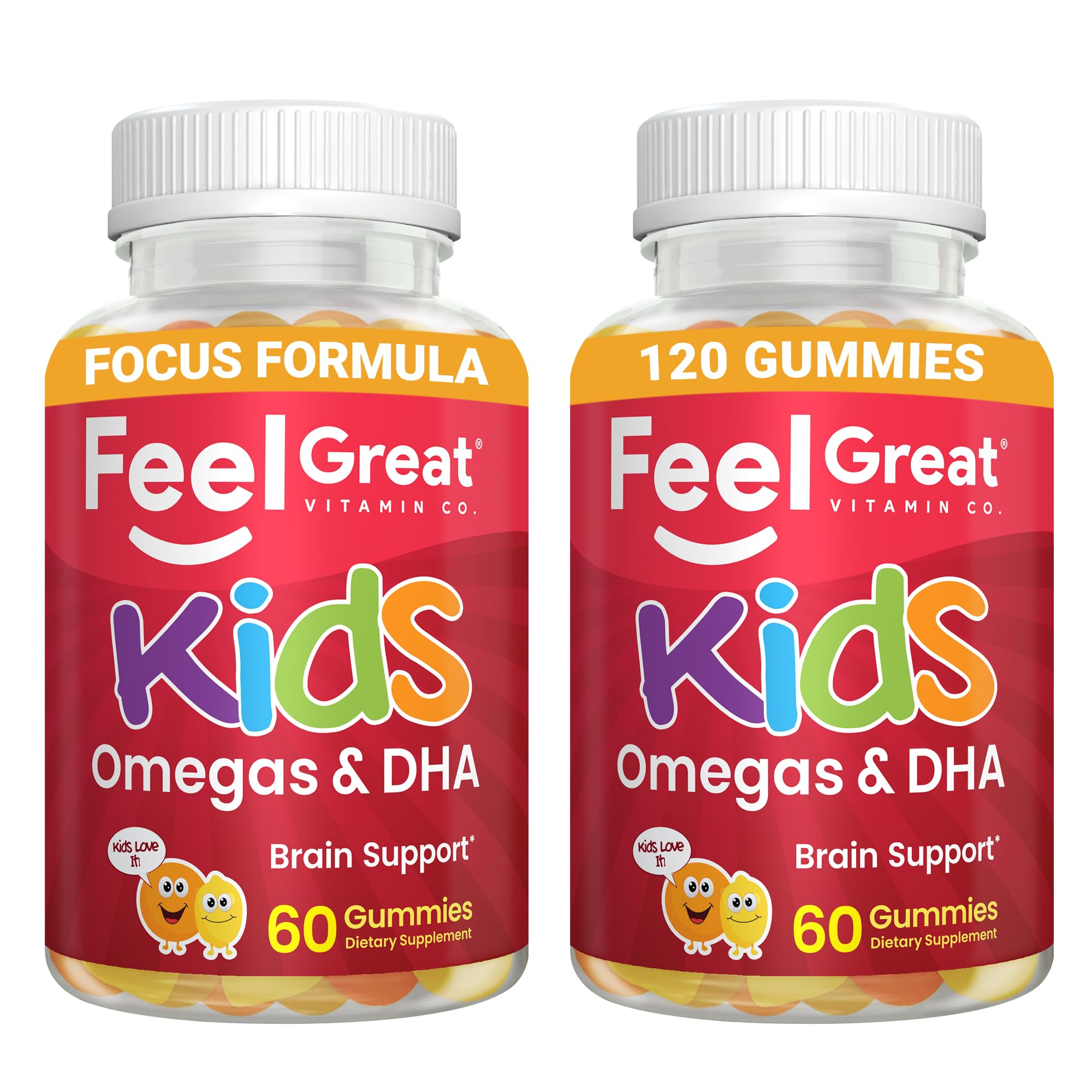 Feel Great Kids Omega 3 DHA Gummies, Plant-Based, No Fishy Taste, 60ct | Plant-Based DHA from Algae, Omega 3-6-9, Brain & Vision Support, Vegetarian, No Fishy Aftertaste