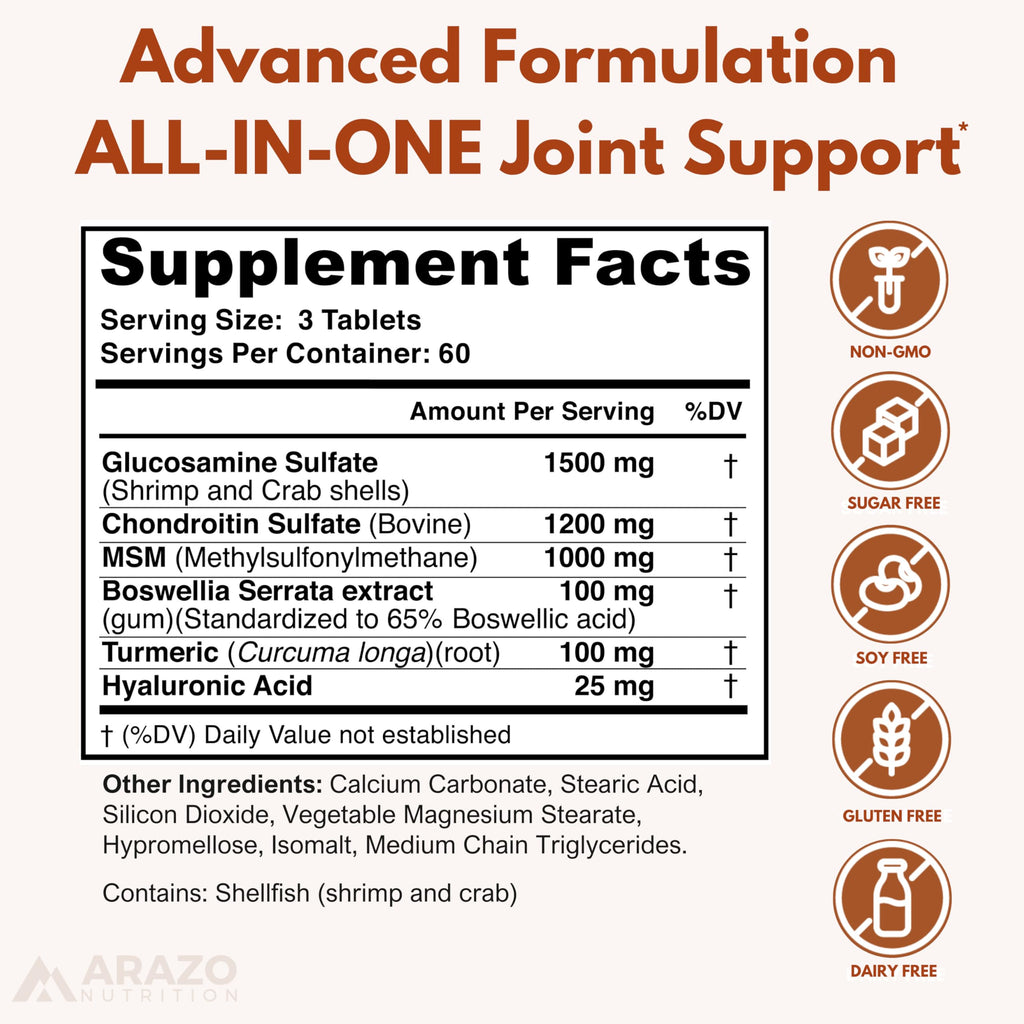 Arazo Nutrition Glucosamine Chondroitin Turmeric Msm Boswellia - Joint Support Supplement for Relief for Bones, Back, Knees, Hands (180 Tablets)