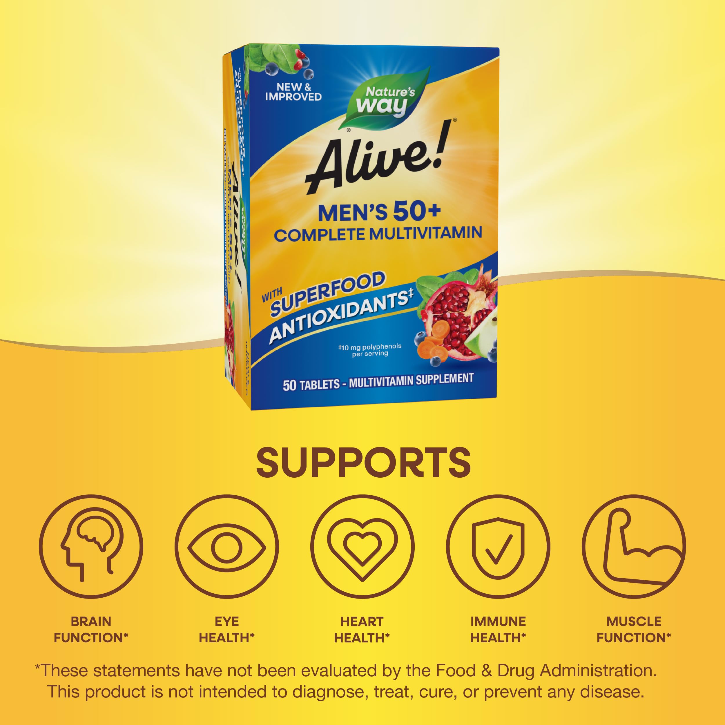 Nature's Way Alive! Men’s 50 Plus Multivitamin Complete Tablets, 50 ct | Daily Multivitamin for Men Over 50, Supports Cellular Energy Metabolism, Heart, Muscle & Eye Health*, High Potency Vitamins