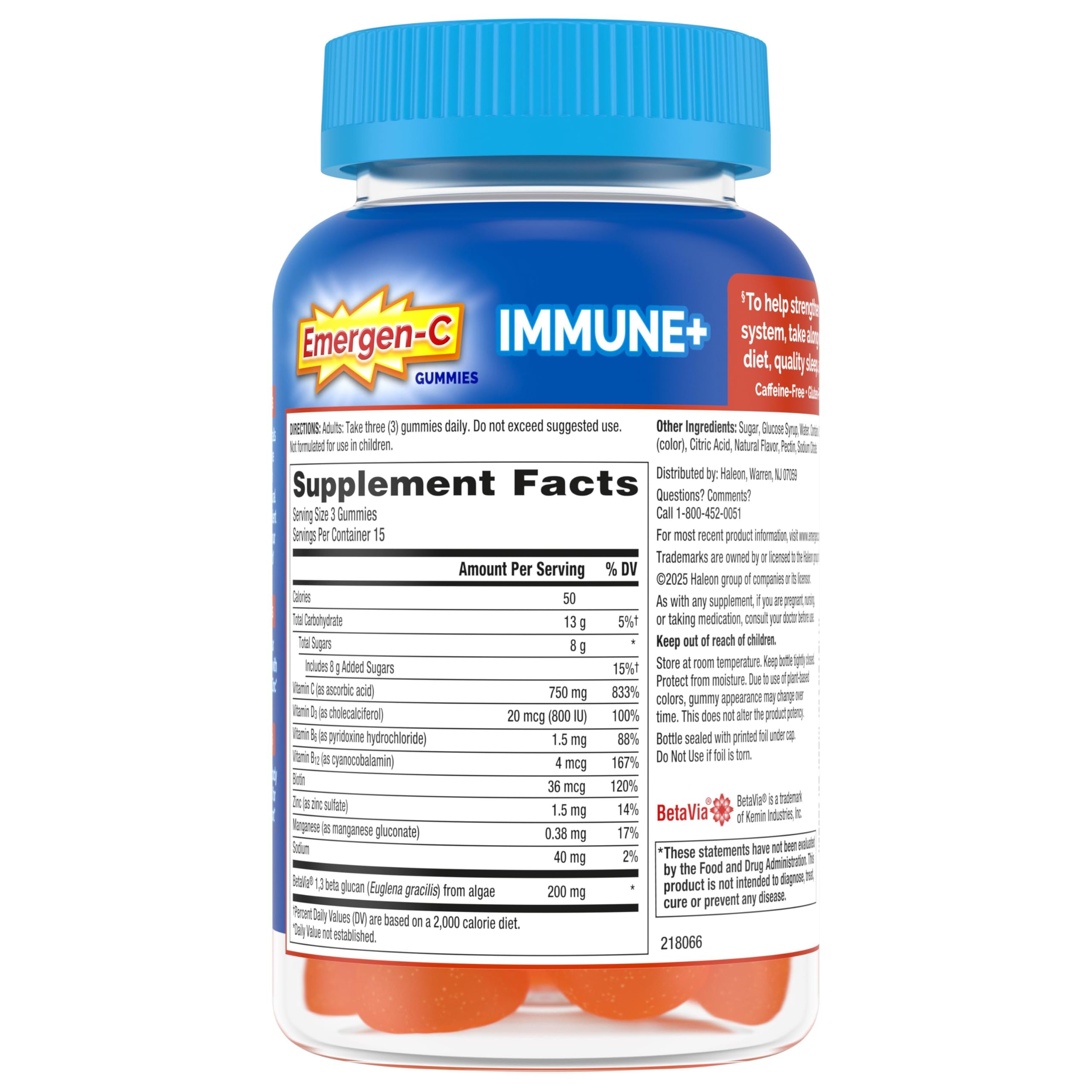 Emergen-C Vitamin C 750mg Immune Support Gummies, Orange, 45 Gummies | BetaVia Immune Plus, Vitamin D, B Vitamins, Zinc and Manganese, Triple Action, Chewable Gummies