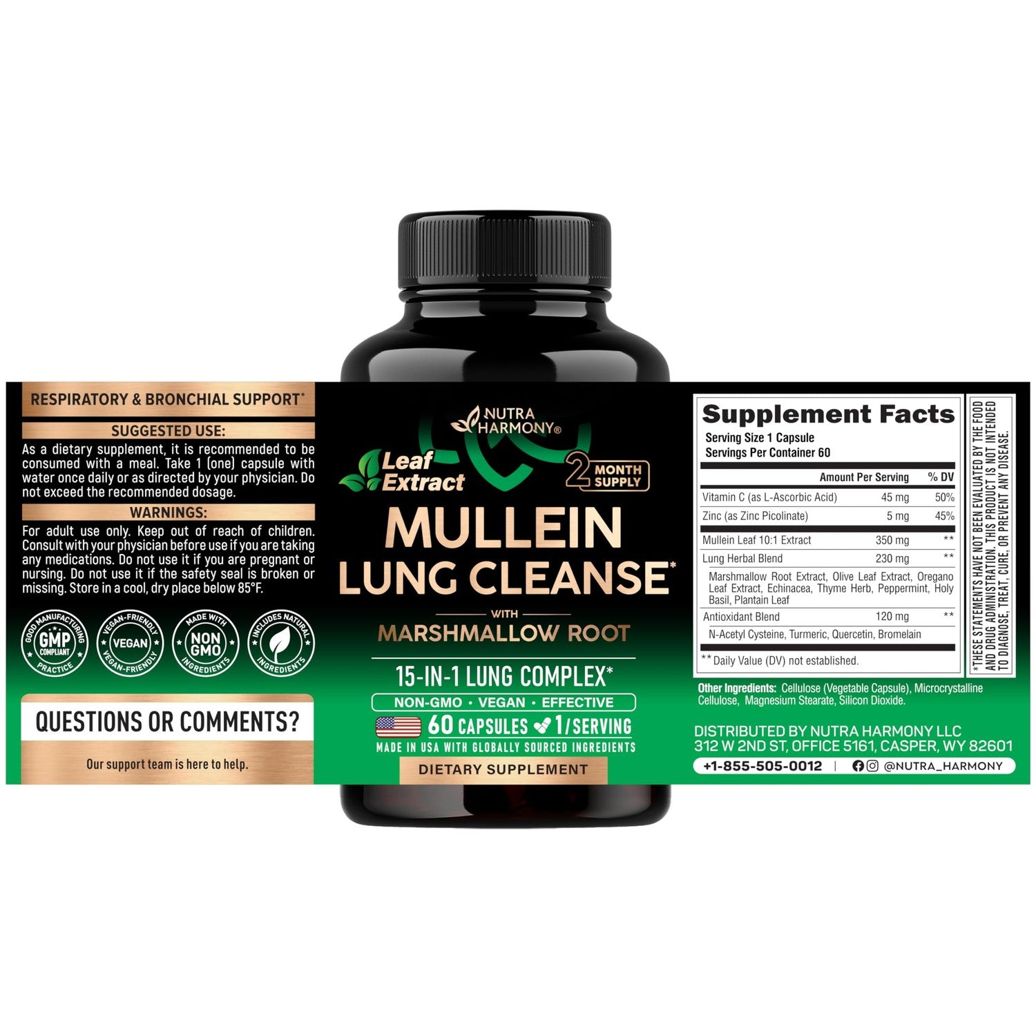 Mullein Lung Detox - Mullein Leaf 10:1 Extract Supplement - 60 Vegan Caps | Marshmallow Root | Echinacea | Quercetin | NAC - 15-in-1 Lung Support & Cleanse for Smokers Supplement - for Women & Men