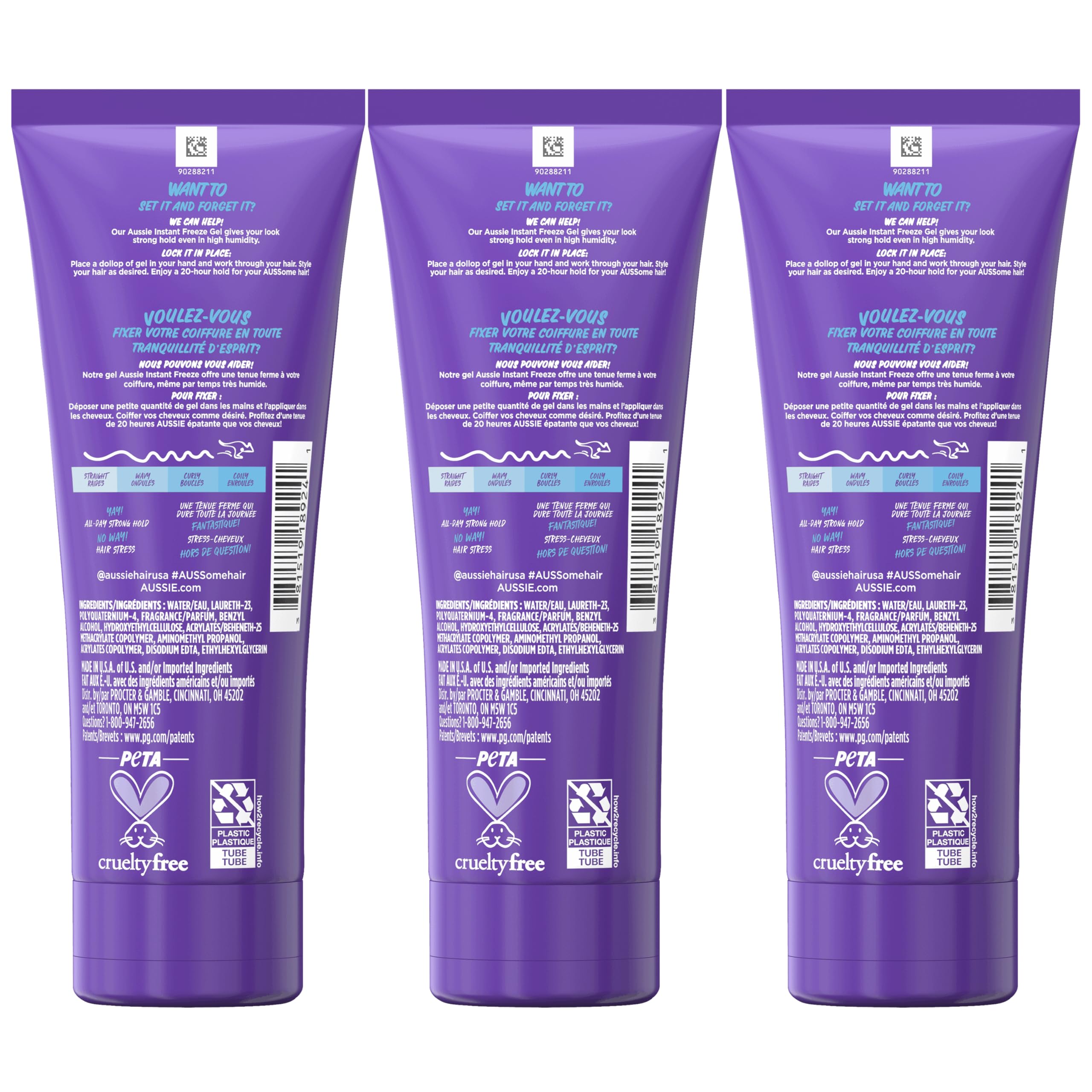 Aussie Instant Freeze Sculpting Hair Gel, Maximum Hold, No Flaking, Long-Lasting, with Jojoba Oil, Sea Kelp, Australian Aloe, Frizz Control, Citrus Floral Scent, 7 Fl Oz Triple Pack