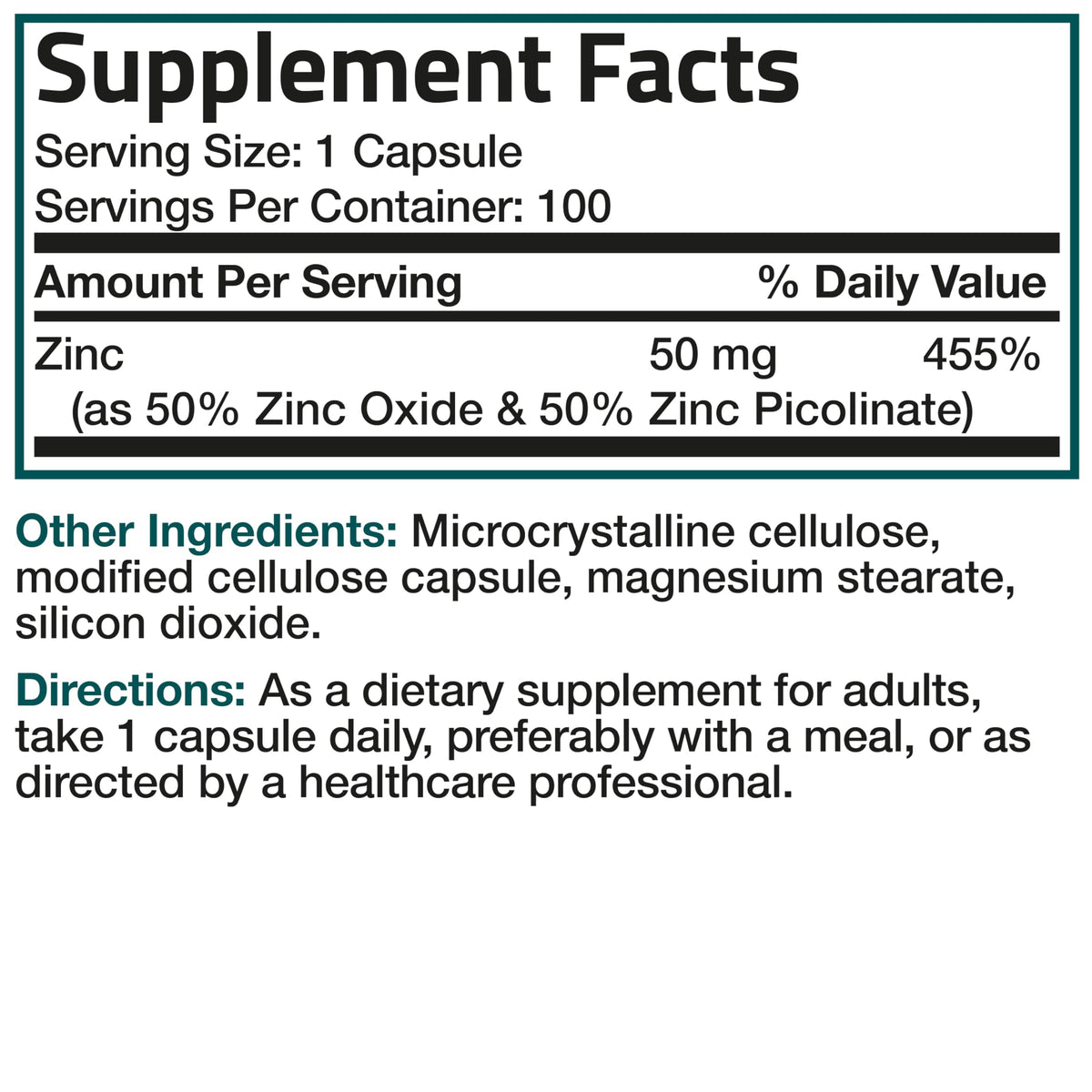 Bronson Zinc Complex 50 mg, Picolinate & Oxide, 100 Vegetarian Capsules