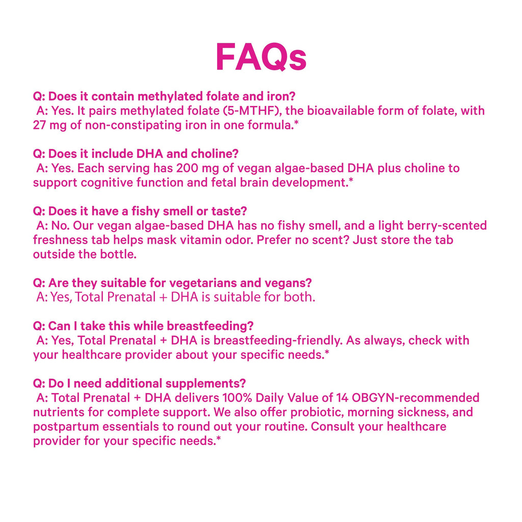 Pink Stork Total Prenatal + DHA, Vegan, No Fishy Burps, 60 Count, Berry | Methylfolate, Vegan DHA, Non-Constipating Iron, Choline, Vitamin B12 | Clean Label Purity Award, Made in USA