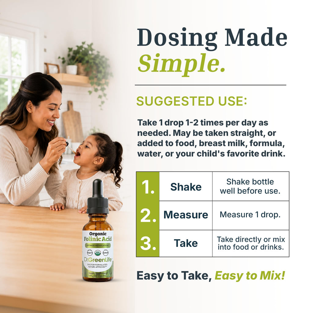 Dr. Green Mom Folinic Acid For Kids & Adults — High Dose — MTHFR-Friendly Folic Acid Alternative — Organic Liquid Drops — 500 mcg/Drop — Vitamin B9 for Methylation, Neurological & DNA Support, 1 fl oz