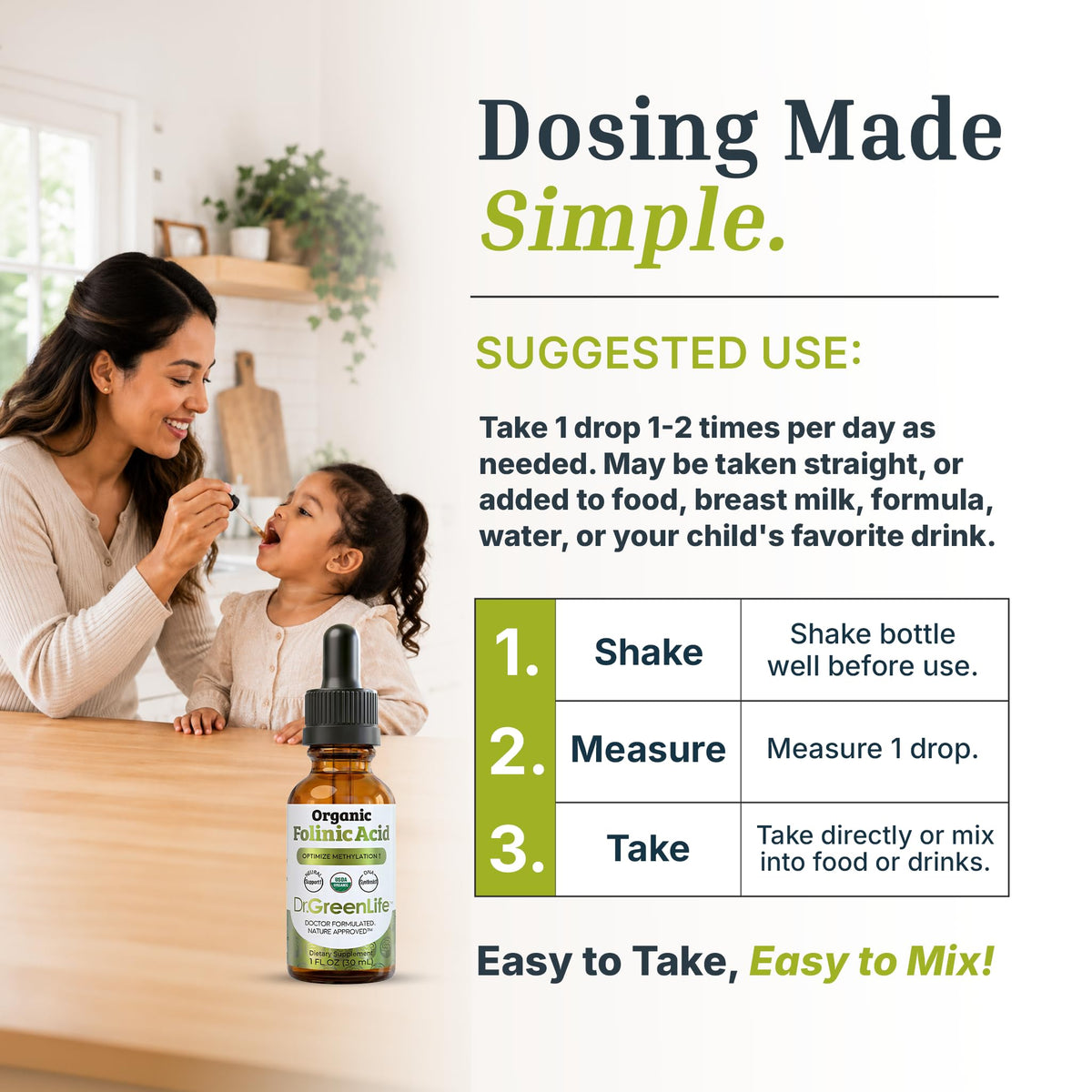 Dr. Green Mom Folinic Acid For Kids & Adults — High Dose — MTHFR-Friendly Folic Acid Alternative — Organic Liquid Drops — 500 mcg/Drop — Vitamin B9 for Methylation, Neurological & DNA Support, 1 fl oz