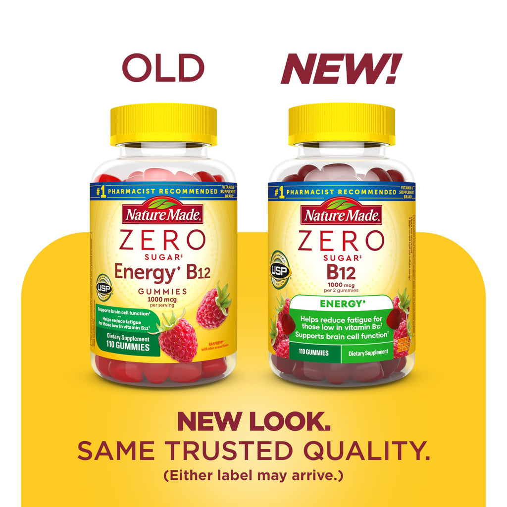Nature Made Zero Sugar Energy Vitamin B12 Gummies, 110 Sugar Free Gummies | B12 Vitamin 1000 mcg per Serving, Energy Metabolism Support, Aspartame Free, Raspberry Flavor, 55 Day Supply