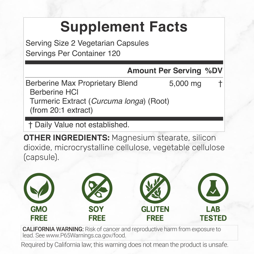DEAL SUPPLEMENT Berberine Max Supplement with Turmeric, 5000 mg** Per Serving, 240 Vegetarian Capsules | Berberine HCl with Turmeric Root Extract | Non-GMO