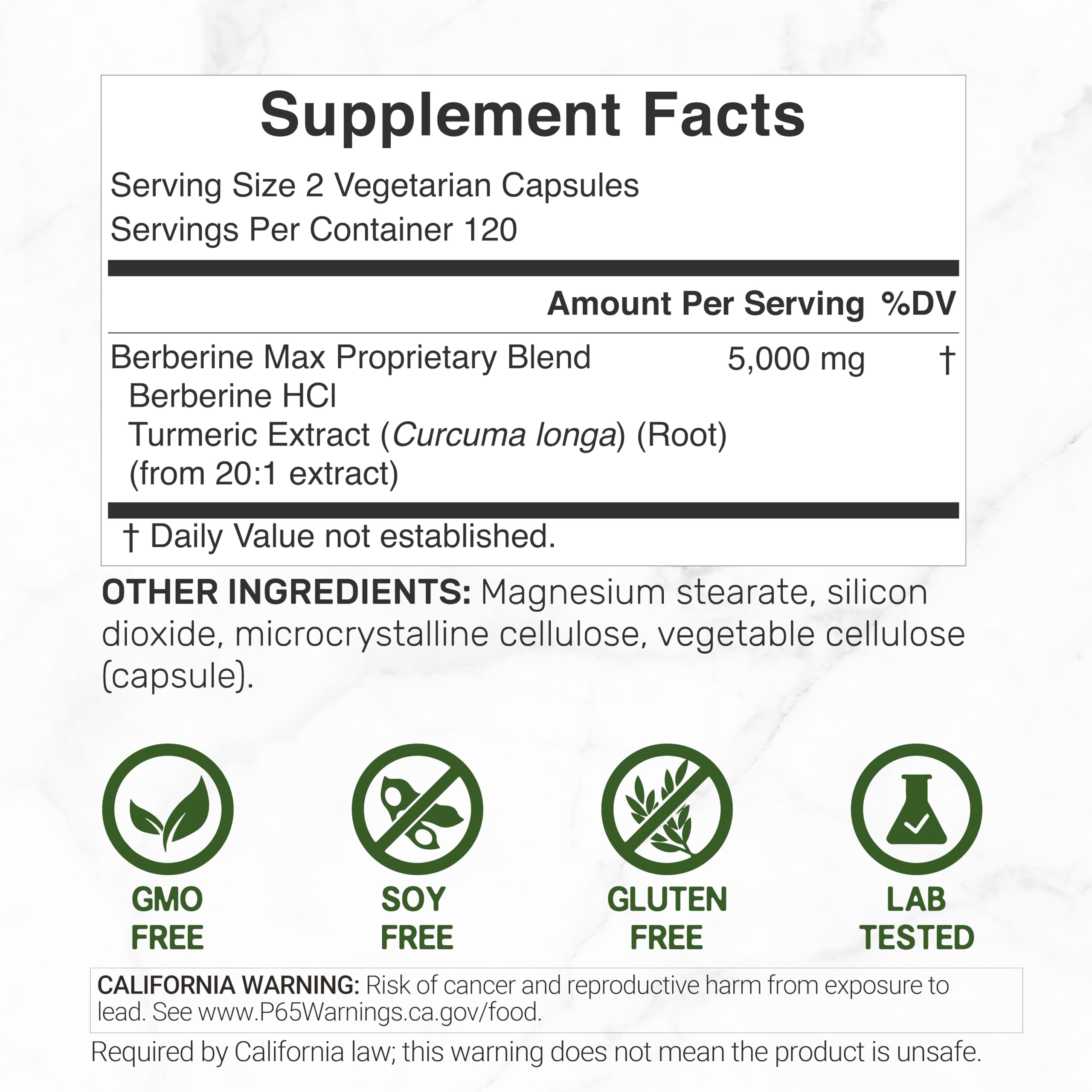 DEAL SUPPLEMENT Berberine Max Supplement with Turmeric, 5000 mg** Per Serving, 240 Vegetarian Capsules | Berberine HCl with Turmeric Root Extract | Non-GMO