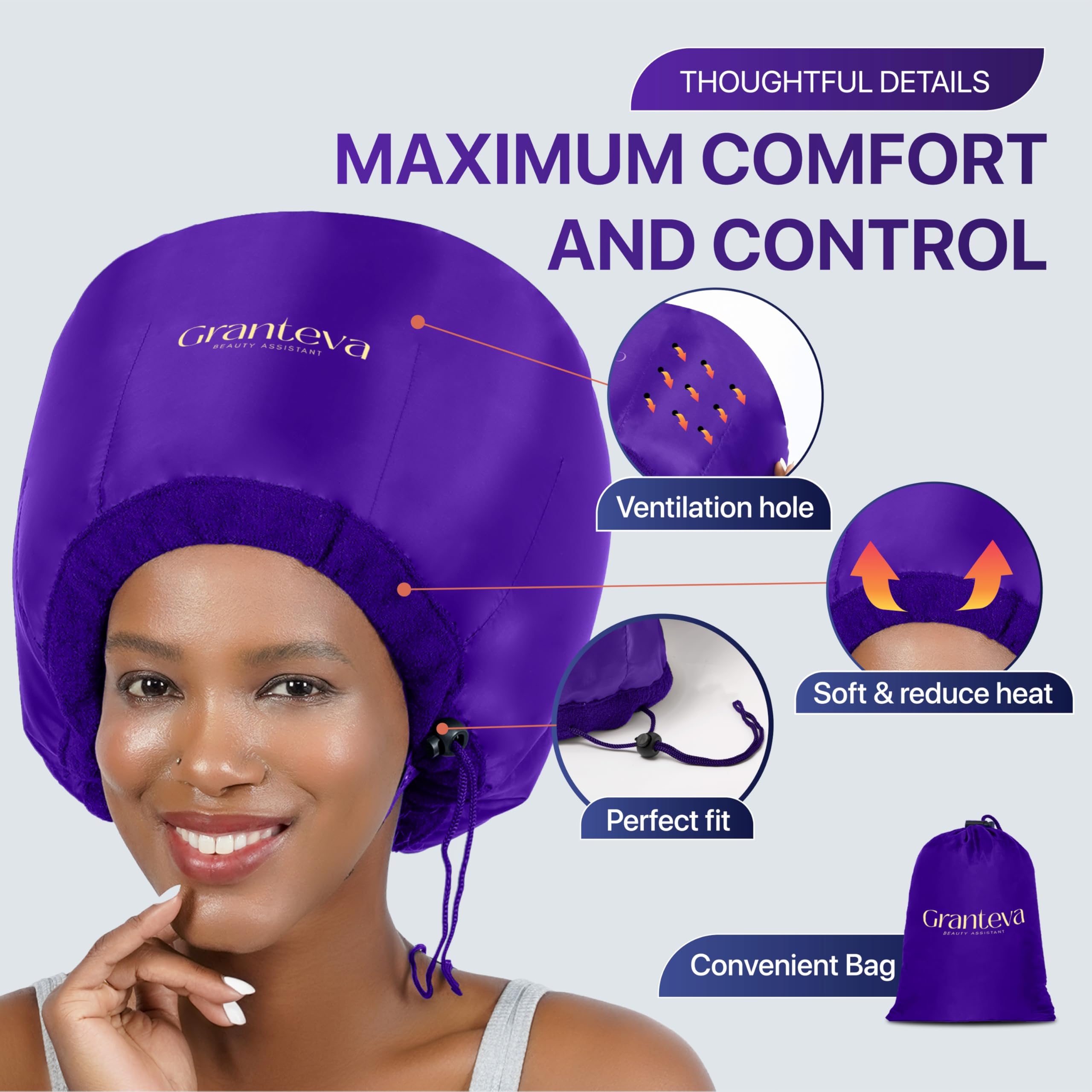 Bonnet Hair Dryer Attachment w/A Headband Integrated that Reduces Heat Around Ears & Neck - Diffuser Cap for Hair Dryer Curly Hair, Speeds Up Drying Time, Deep Conditioning at Home - Large (Purple)