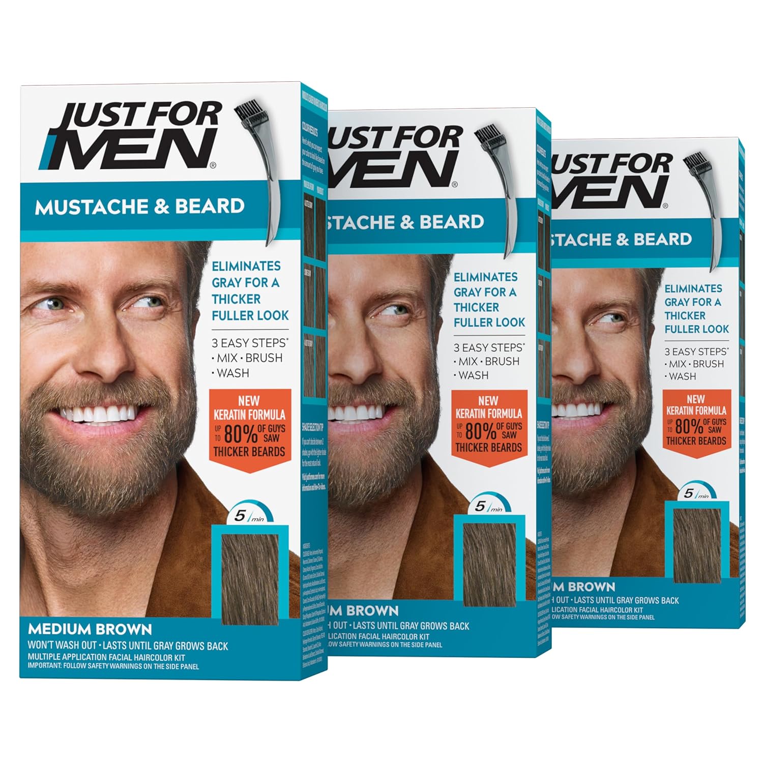 Buy now Just For Men Mustache & Beard, Beard Coloring for Gray Hair with Brush, with Keratin Biotin Aloe and Coconut Oil for Healthy Facial Hair - Medium-Dark Brown, M-40, Pack of 3 (Packaging May Vary) 1 Count (Pack of 3) Medium Brown M-35 at indiglob india
