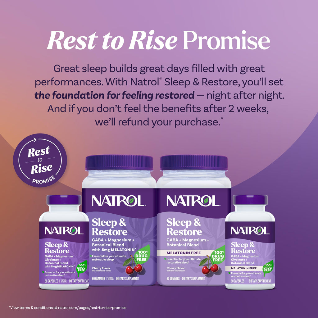 Natrol Sleep & Restore Magnesium Glycinate, GABA, 5mg Melatonin, 60 Gummies | Nighttime Sleep-Aid, Support Relaxation, Calm Magnesium Glycinate, with GABA, Botanical Blend, 100% Drug-Free, Cherry Flavor