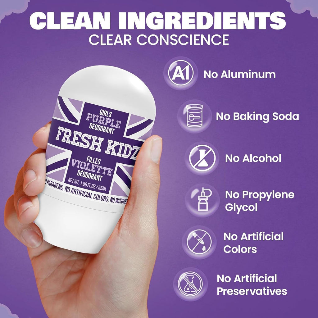 Buy now Fresh Kidz Roll On Deodorant for Kids and Teens - Baking Soda and Aluminum-free 24 Hour Protection for Sensitive Skin - Girls "Purple" 1.86 fl.oz. at indiglob india