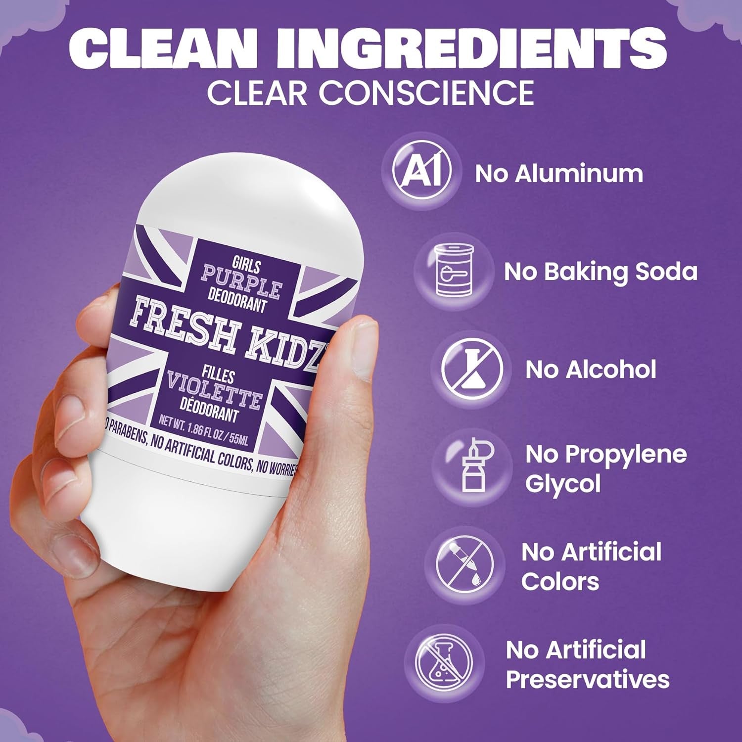 Buy now Fresh Kidz Roll On Deodorant for Kids and Teens - Baking Soda and Aluminum-free 24 Hour Protection for Sensitive Skin - Girls "Purple" 1.86 fl.oz. at indiglob india