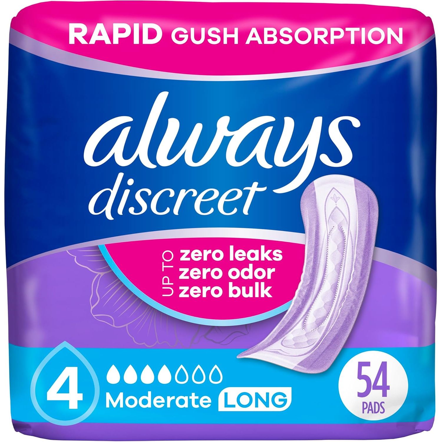 Buy now Always Discreet Adult Incontinence Pads for Women, Moderate Absorbency, Long Length, Postpartum Pads, 162 Count (3 Packs of 54) 4-drop 54 at indiglob india