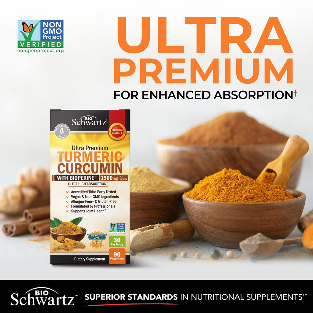 Turmeric Curcumin with Black Pepper Extract 1500mg - Turmeric Supplement | High Absorption Ultra Potent Tumeric Capsules with 95% Curcuminoids and BioPerine for Joint Support - Non-GMO, 90 Capsules