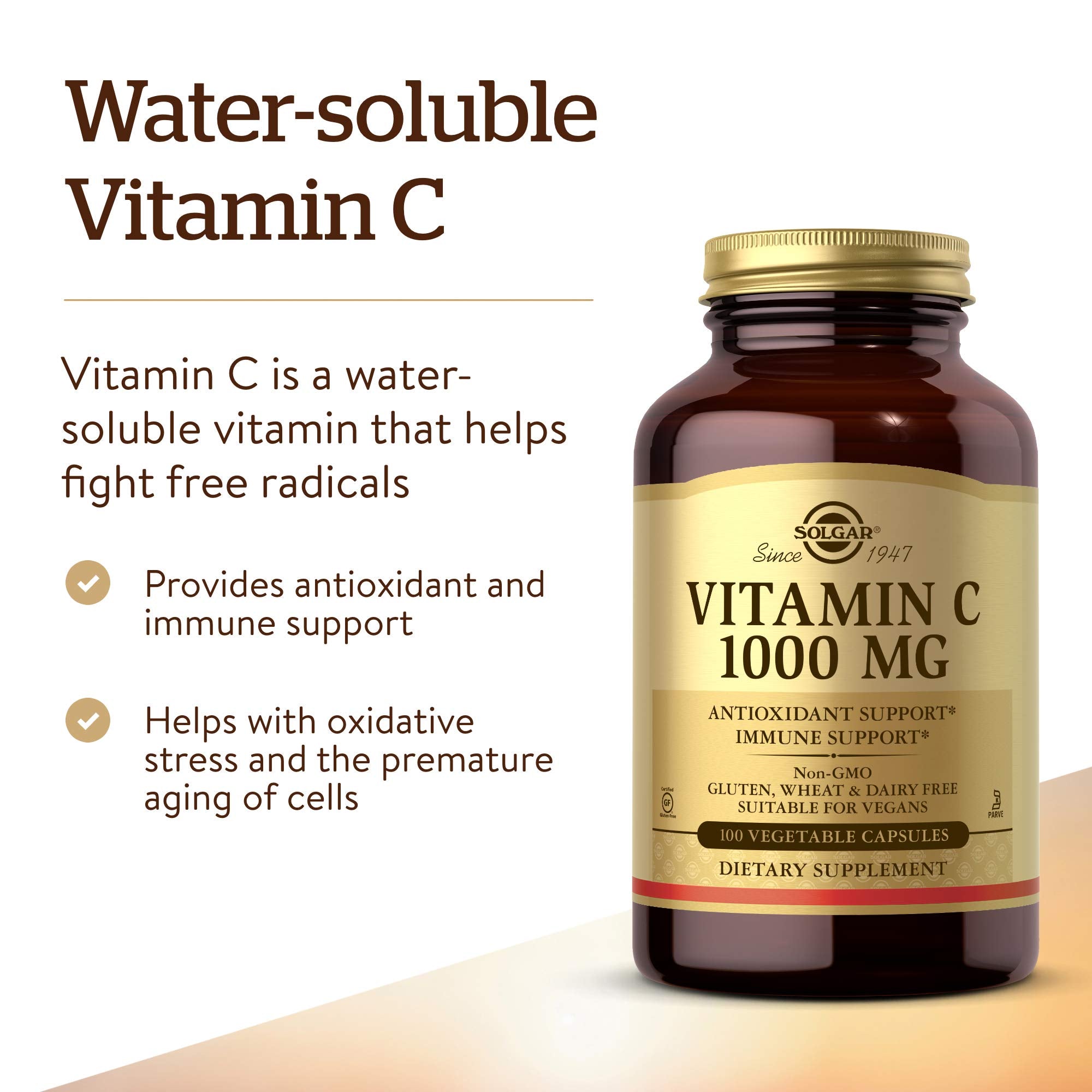 Solgar Vitamin C 1000 mg, 100 Vegetable Capsules Supplement | Antioxidant & Immune Support, Overall Health, Healthy Skin & Joints, Non-GMO, Vegan, Gluten Free, Kosher - 100 Servings