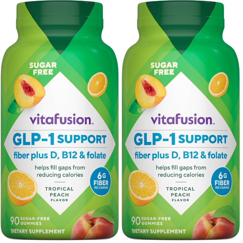 Vitafusion GLP1 Gummy Supplement | 90 Sugar Free Gummies | Vitamin & Mineral Blend with Fiber, D3, B12, and Folate | for Women & Men | Tropical Peach Flavor | Gluten Free Formula