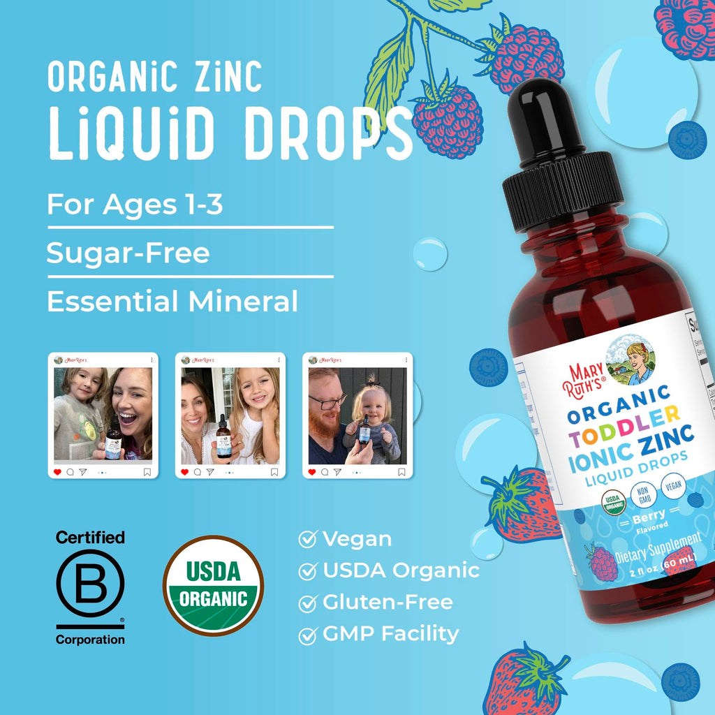 MaryRuth's Organic Toddler Zinc Liquid Drops, Berry Flavor, Vegan, 2 Fl Oz | Immune Support Supplement, Skin Health, Vegan, Formulated for Ages 1-3, 1 Month Supply