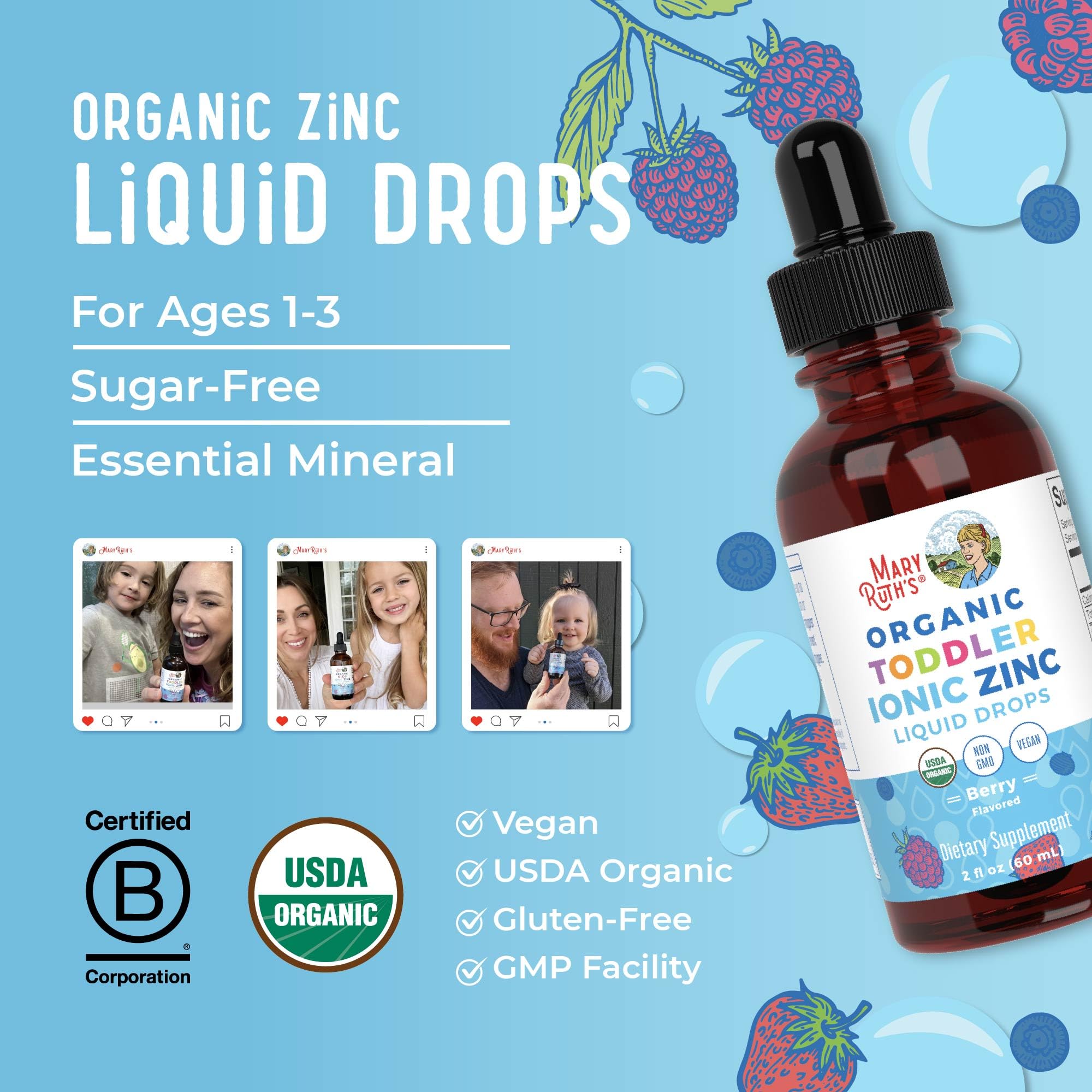 MaryRuth's Organic Toddler Zinc Liquid Drops, Berry Flavor, Vegan, 2 Fl Oz | Immune Support Supplement, Skin Health, Vegan, Formulated for Ages 1-3, 1 Month Supply