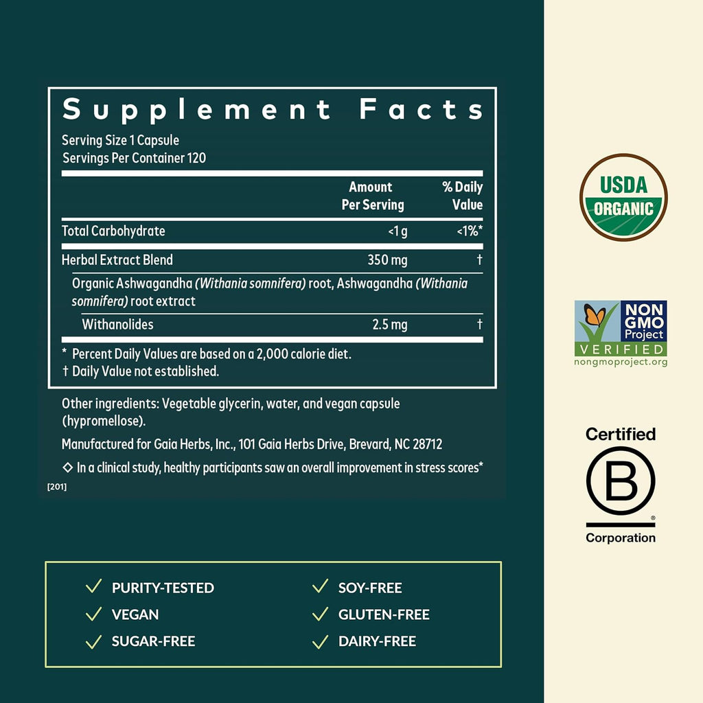 Buy now Gaia Herbs Ashwagandha Root - Stress Relief & Sleep Support Supplement - Supports Balanced Energy Levels & Positive Outlook* - 120 Vegan Liquid Phyto Capsules (60-Day Supply) at indiglob india