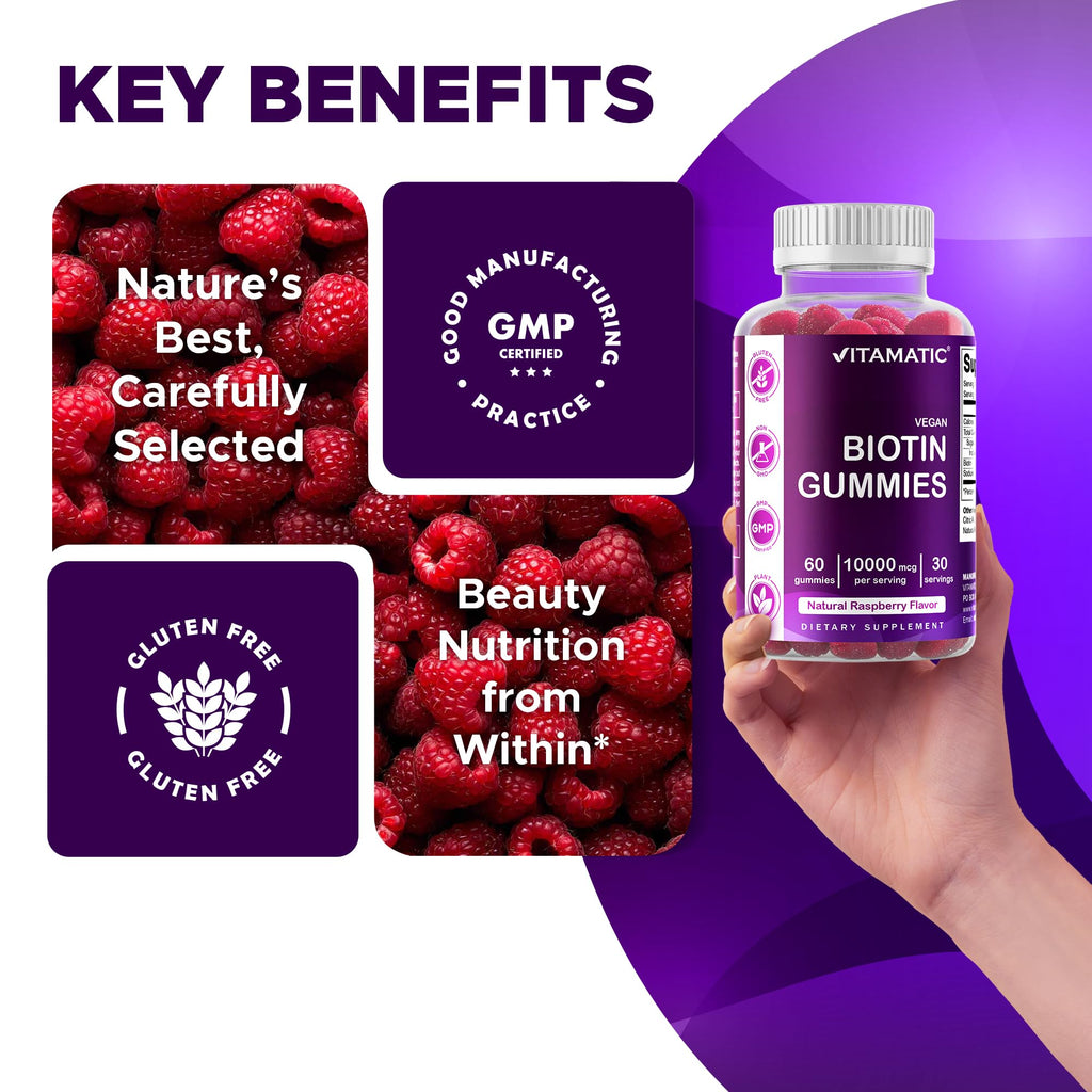 Vitamatic Biotin 10,000 mcg, 60 Vegan Gummies, Raspberry Flavor-2 Pack | 10000 mcg Per Serving, Natural Raspberry Flavor, Pectin Based, Non-GMO, Gluten Free, GMP Certified