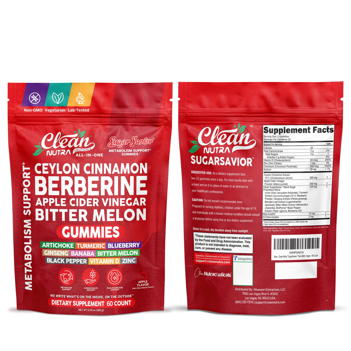 Sugar Savior Ceylon Cinnamon Berberine Gummies Apple Cider Vinegar Artichoke Turmeric Blueberry Ginseng Banaba Bitter Melon Black Pepper Vitamin D Zinc GLP1 Gummies 60 Count by Clean Nutra