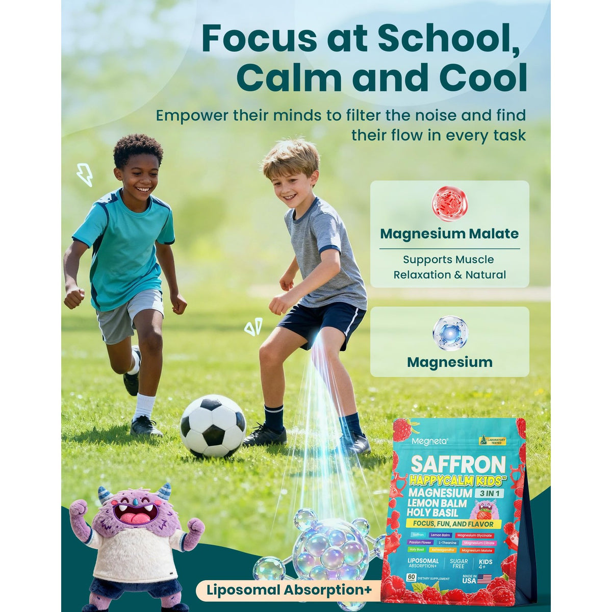 Saffron Gummies Kids & Happy Calm, Magnesium Gummies for Kids, 60 Days