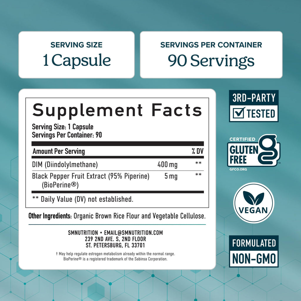 DIM Supplement 400MG Extra Strength, Hormone Balance for Men & Women, 90 Ct | Menopause Acne Hot Flashes Prostate & Antioxidant Support, Third-Party Tested, Non-GMO, Soy-Free, Gluten-Free, 90 Capsules
