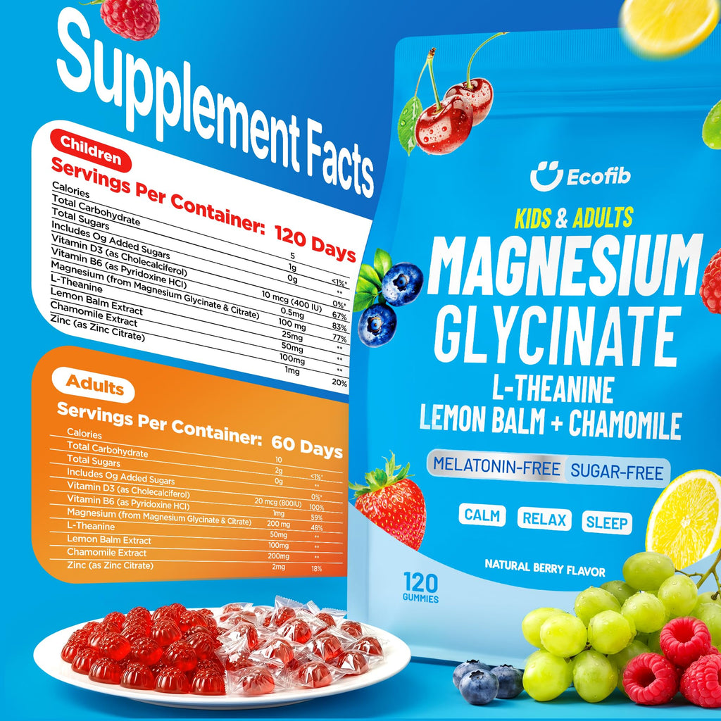 Magnesium Glycinate Gummies 200mg for Kids & Adults, Sugar-Free, 120 Ct