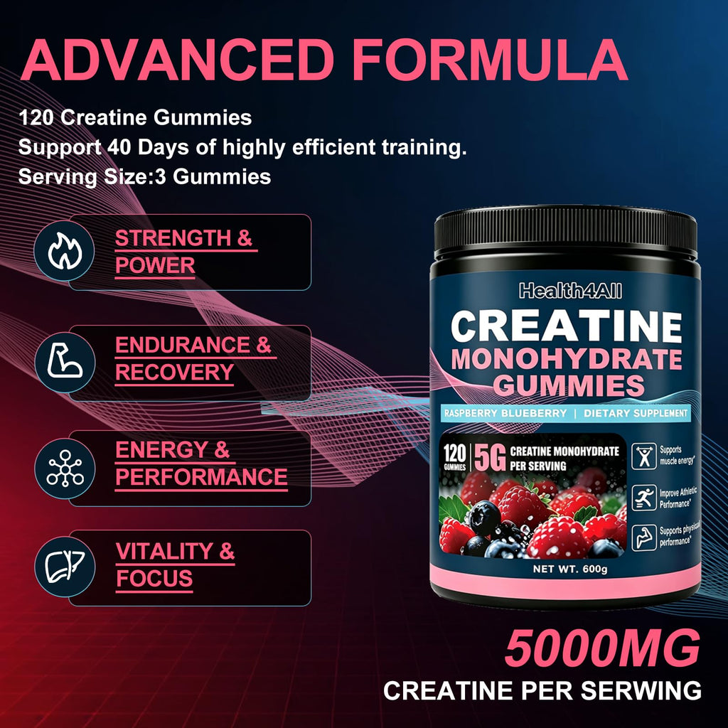 Health4All Creatine Monohydrate Gummies 5g for Men & Women, Creatine Gummy for Strength Energy & Muscle Growth Support Pre-Workout Supplement - Raspberry & Blueberry 120 Gummy