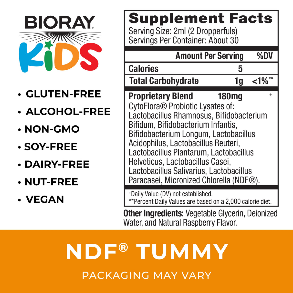 BIORAY Kids NDF Tummy, Raspberry - 2 fl oz - 11-Strain Probiotic Blend - Supports the Immune Response in the GI Tract - Non-GMO, Vegan, Gluten Free - Approx. 30 Servings