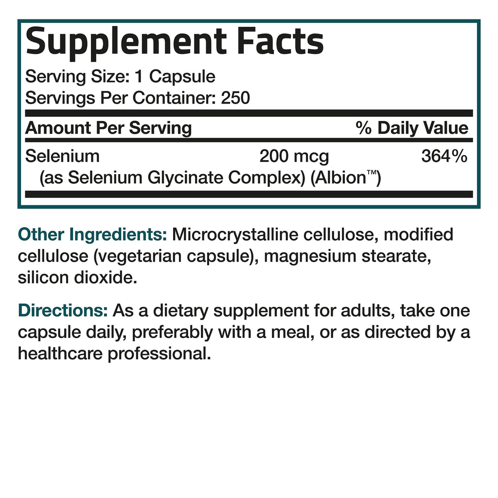Bronson Selenium 200 mcg Albion Chelated Amino Acid Complex, 250 Capsules | Yeast-Free Essential Trace Mineral, Immune, Prostate & Metabolism Support, Vegetarian, Non-GMO, Gluten-Free & Soy-Free