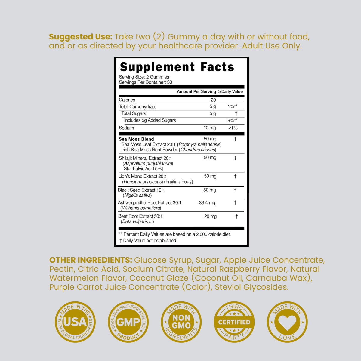 Shilajit Gummies with Sea Moss, Ashwagandha & Lions Mane - (Shilajit Supplement for Men & Women, Energy & Immunity Support ) Third Party Tested, Vegan Safe, NON GMO & Made in USA (60 Gummies)