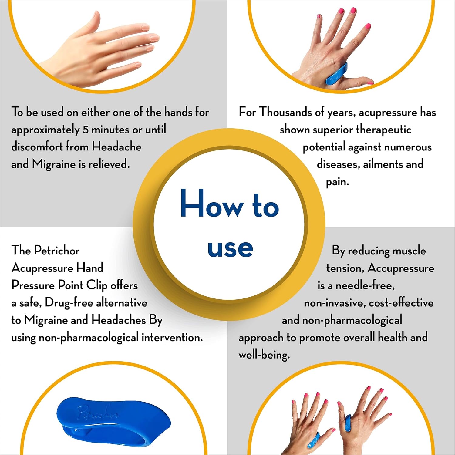 Buy now Petrichor â€“ USA Made Acupressure Hand Pressure Point Clip, All Natural Headache Migraine Aid, Drug Free Tension Anxiety Relief, Stress Reduction, Pain Alleviation, 2 Pack Both Hands, 1 Size Fits All at indiglob india