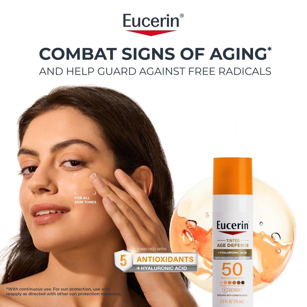 Eucerin Sun Age Defense Tinted Face Lotion SPF 50, 2.5 FL OZ | Universal Tinted Sunscreen for Face with Hyaluronic Acid, Non Comedogenic Facial Lotion, Fragrance Free