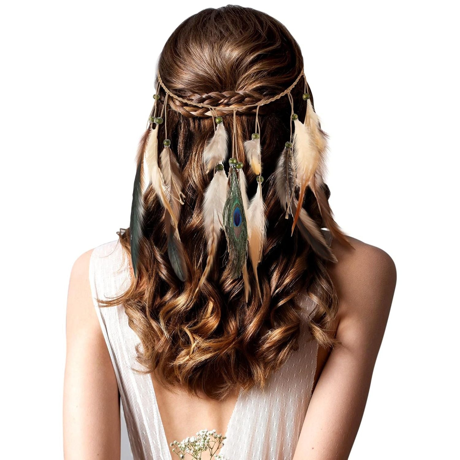 Buy now XunYee Feather Hippie Headband for Women - Indian Feather Hair Accessories for Costume (Classic Style) Light Gray at indiglob india