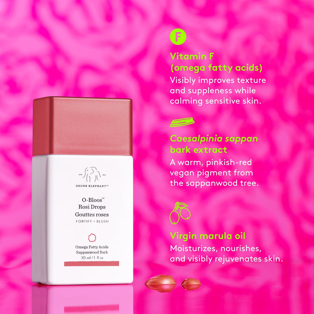 Buy now Drunk Elephant O-Bloos Rosi Drops - 30 ml/1 fl oz - Peachy-Pink Color Serum Drops - Clean Clinical Skincare - Cruelty-Free - Dermatologist-Tested - Free of Essential Oils, Silicones, and Fragrance at indiglob india