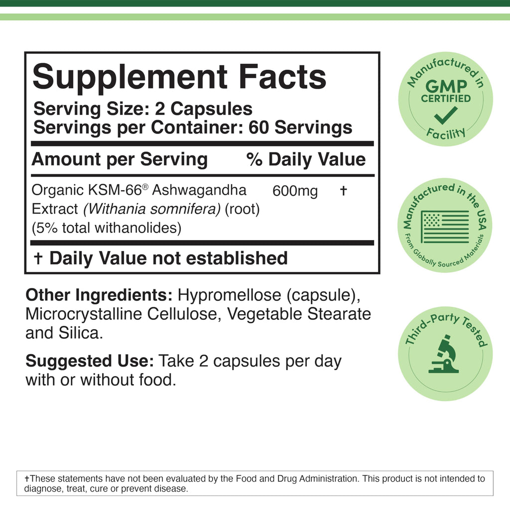 KSM-66 Ashwagandha 600mg, Organic, Sleep + Stress Support, 120 Capsules | Sleep + Stress Supplement, Full-Spectrum KSM-66, Most-Studied Form, Organic, Take PM or Split AM/PM, Gluten-Free