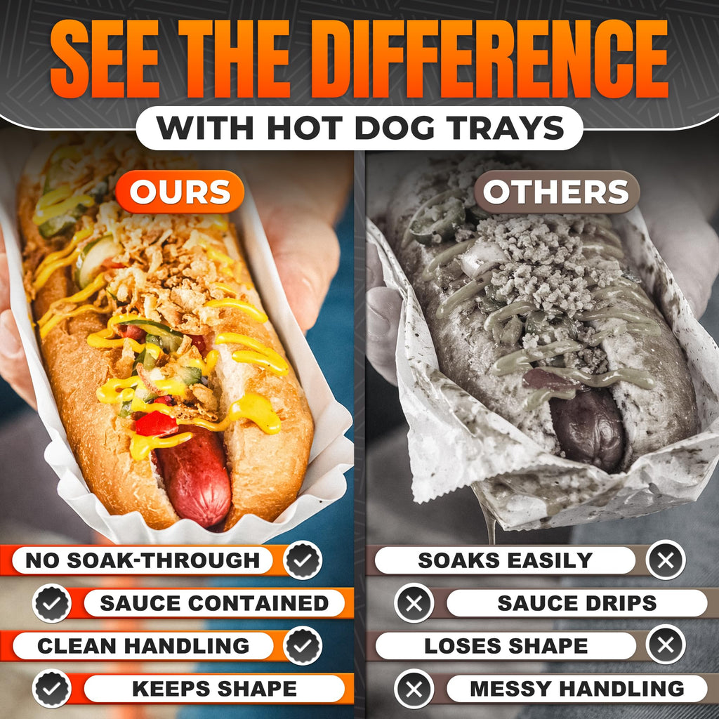 BURIUS Hot Dog Trays 50 Pcs, 8 In Disposable Paper Boats, Grease Resistant