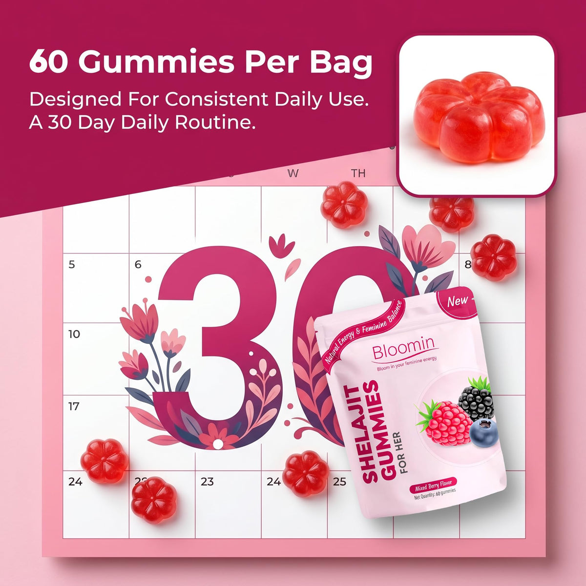 Bloomin Shilajit Gummies for Women - Feminine Wellness Supplement with Natural Energy & Daily Balance, Mixed Berry Flavor, Daily Herbal Gummies for Women - 60 Count