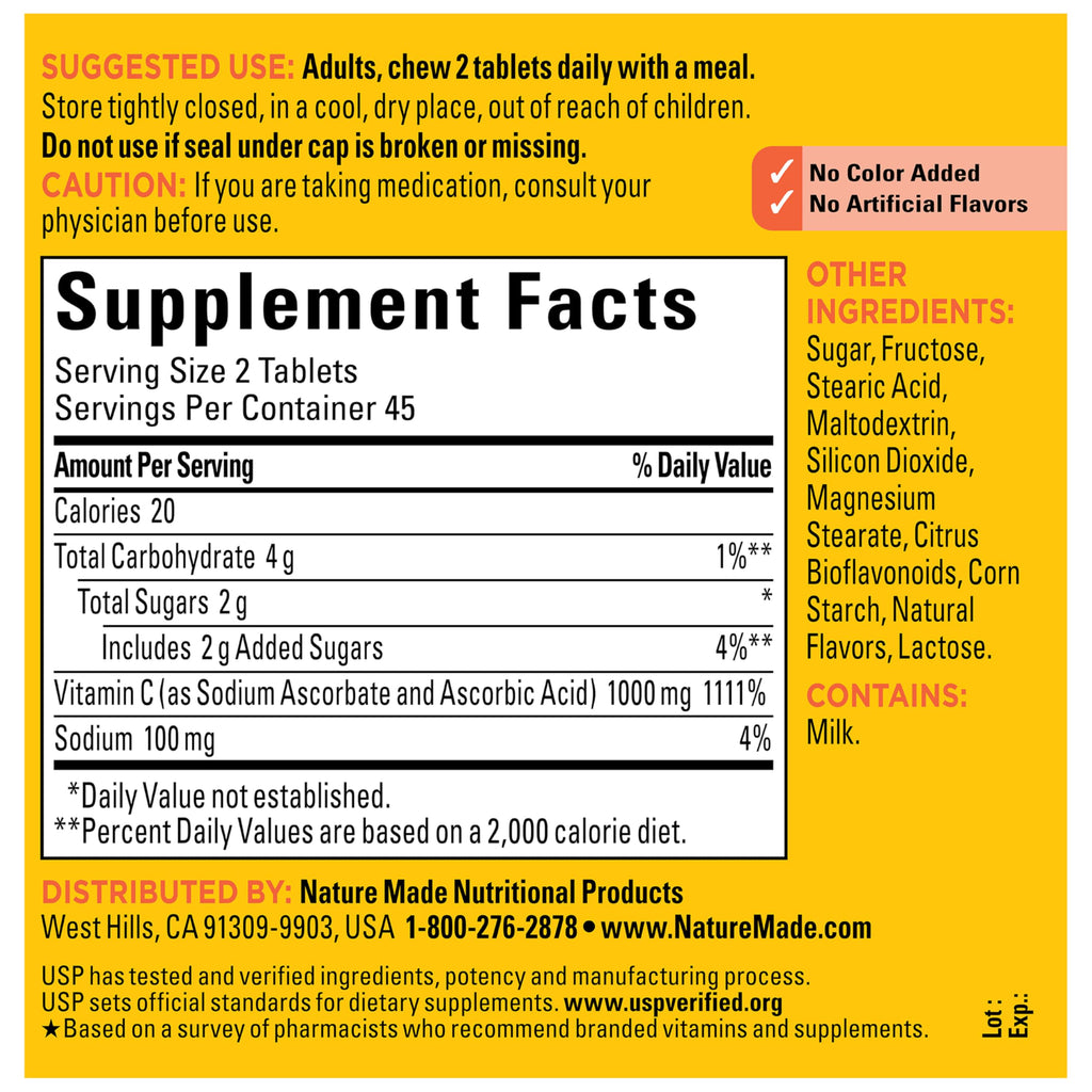 Nature Made Chewable Vitamin C 1000 mg per Serving, 90 Tablets | Extra Strength Dosage Adult Vitamin C Chewable Tablets for Immune Support & Antioxidant Support, Orange Flavor, 45 Day Supply