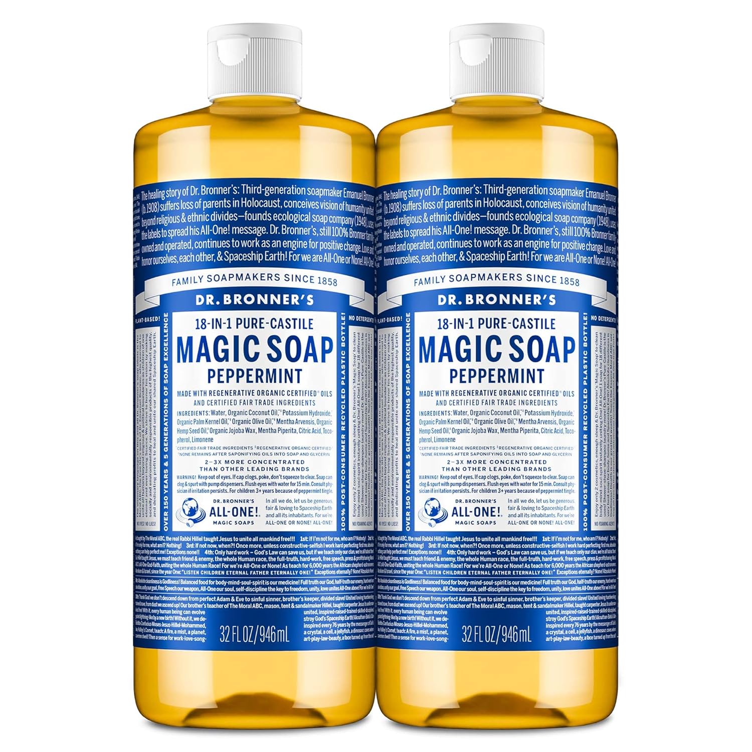 Buy now Dr. Bronner's Pure-Castile Magic Liquid Soap- Made with Regenerative Organic Oils- For Body, Face, Hair, Dishes, Pets, Laundry Natural, Vegan, Non-GMO - Peppermint, 32 oz (2-Pack) at indiglob india
