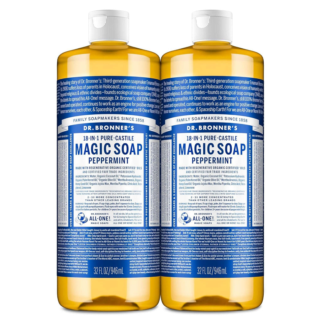 Buy now Dr. Bronner's Pure-Castile Magic Liquid Soap- Made with Regenerative Organic Oils- For Body, Face, Hair, Dishes, Pets, Laundry Natural, Vegan, Non-GMO - Peppermint, 32 oz (2-Pack) 32 Fl Oz (Pack of 2) at indiglob india