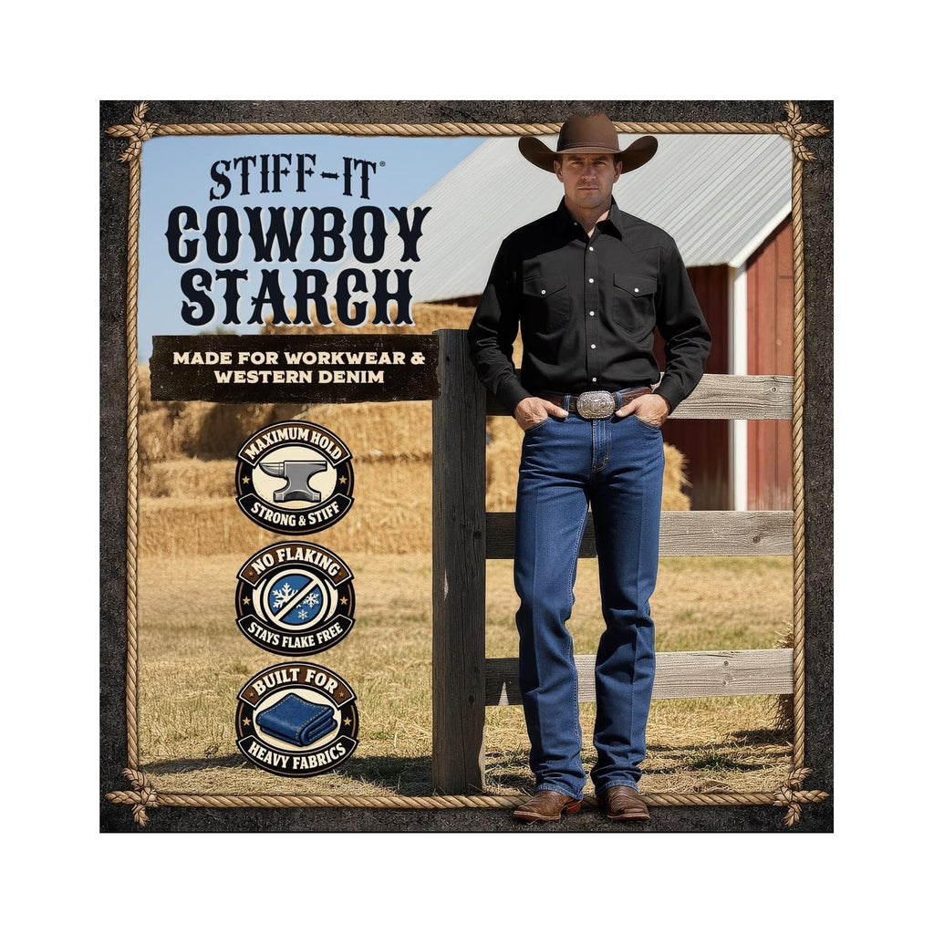 Stiff-it Western Cowboy Starch for Crisp and Clean Denim - Patent Formula with Leather Scent, Easy-Pour Design, and Winkle-Free Jeans (1)