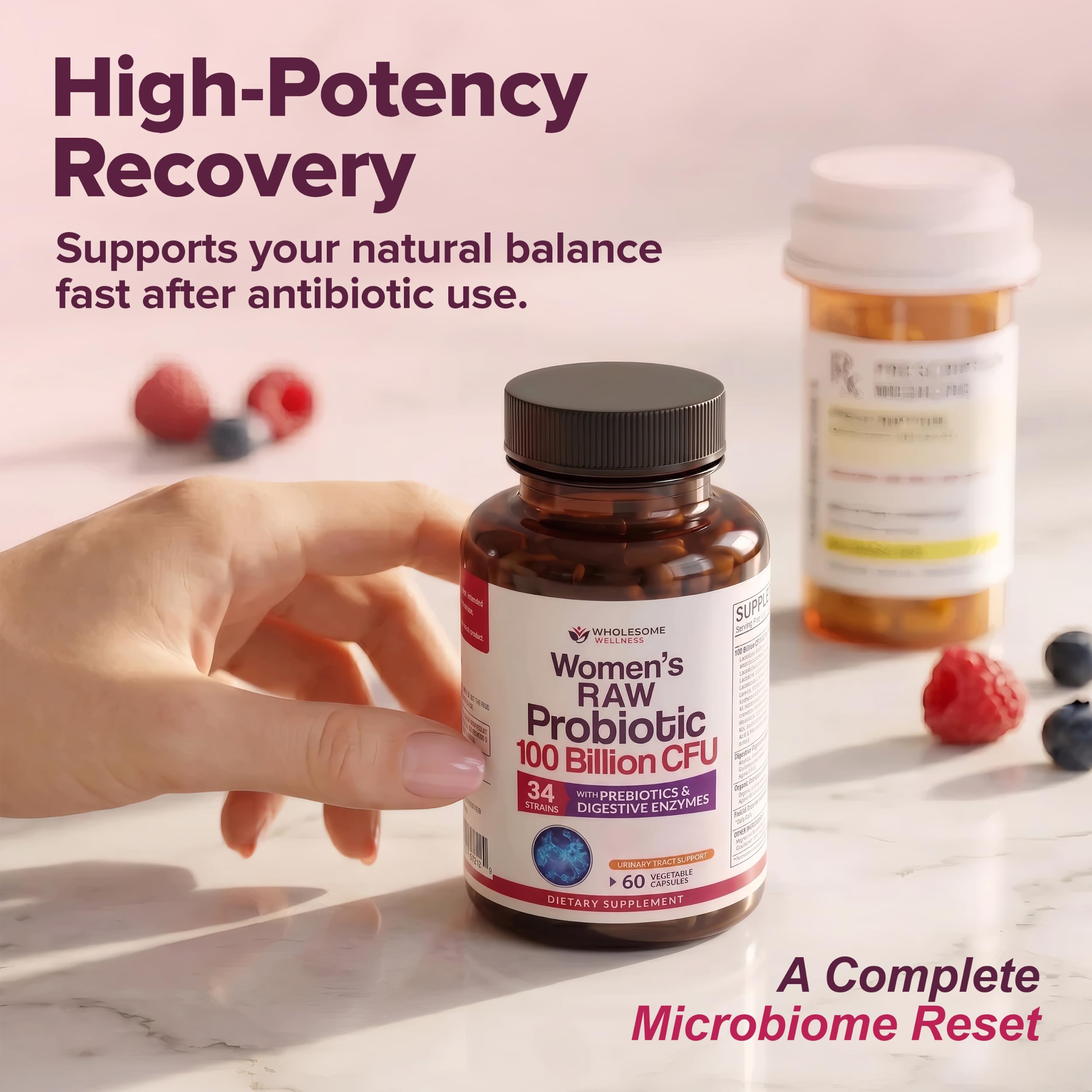 Wholesome Wellness Dr. Formulated Raw Probiotics for Women 100 Billion CFUs Capsules with Prebiotics, Digestive Enzymes, Approved for Adults, Shelf Stable Supplement