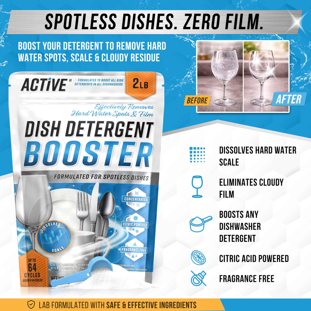 Dishwasher Detergent Booster Prewash Powder - ACTIVE Citric Acid Dishwashing Additive for Hard Water, Natural Dish Washer Shine & Rinse Aid, Lime Scale Remover for Cloudy Glassware - 64 Uses (32-oz)